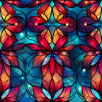 stained glass, christmas pattern,, fabric panel, floral motifs, geometric design, vibrant colors, red, blue, turquoise, purple, orange, yellow, magenta, leadlight effect, kaleidoscope pattern, holiday fabric, decorative panels, cathedral glass, mosaic style, festive colors