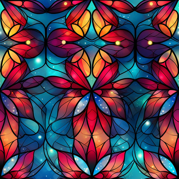 stained glass, christmas pattern,, fabric panel, floral motifs, geometric design, vibrant colors, red, blue, turquoise, purple, orange, yellow, magenta, leadlight effect, kaleidoscope pattern, holiday fabric, decorative panels, cathedral glass, mosaic style, festive colors