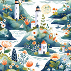 lighthouse pattern, springtime scene,, fabric panel, coastal theme, nautical design, floral motifs, ocean waves, sailboats, rolling hills, white lighthouse, orange flowers, coral blooms, teal blue, sage green, cream background, whimsical illustration, nature scene, maritime elements, cottage style