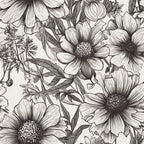 black and white, monochrome, line art, botanical, floral, flowers, daisies, cosmos, nature, garden, elegant, detailed, sketch style, hand drawn, vintage botanical, classic, timeless, spring, summer, feminine, artistic, illustrative, delicate, intricate linework, wildflowers, leaf motifs, botanical illustration, traditional, sophisticated