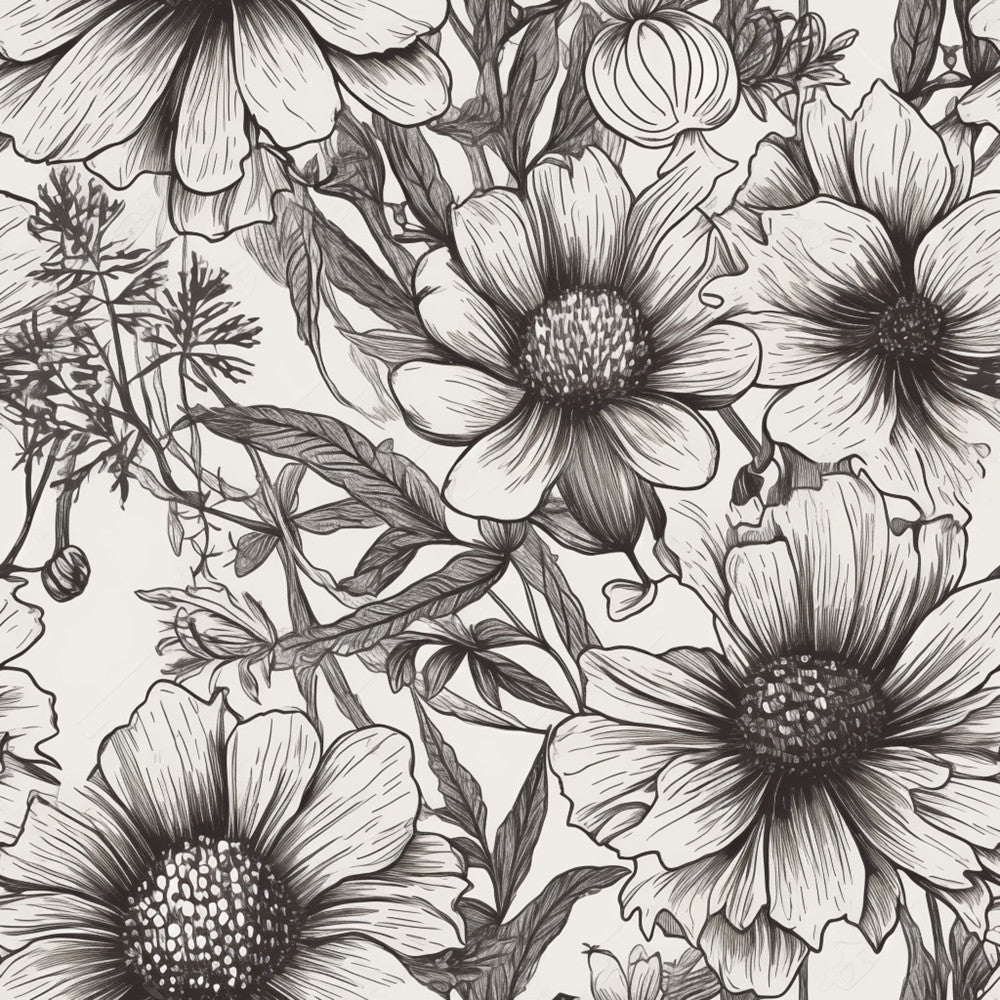 black and white, monochrome, line art, botanical, floral, flowers, daisies, cosmos, nature, garden, elegant, detailed, sketch style, hand drawn, vintage botanical, classic, timeless, spring, summer, feminine, artistic, illustrative, delicate, intricate linework, wildflowers, leaf motifs, botanical illustration, traditional, sophisticated