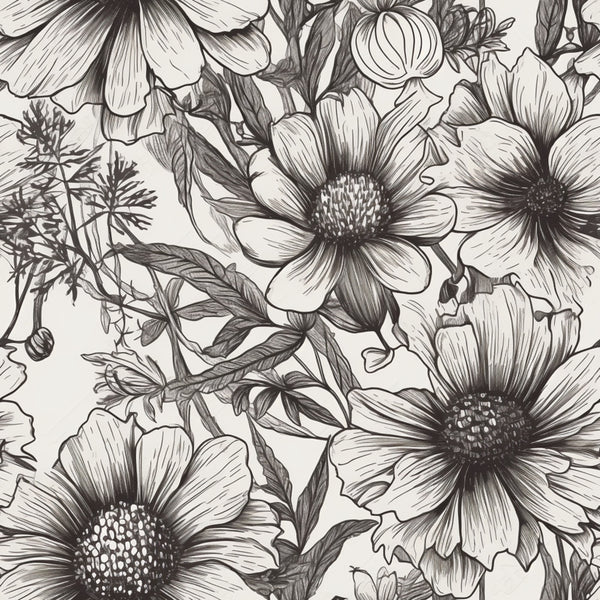 black and white, monochrome, line art, botanical, floral, flowers, daisies, cosmos, nature, garden, elegant, detailed, sketch style, hand drawn, vintage botanical, classic, timeless, spring, summer, feminine, artistic, illustrative, delicate, intricate linework, wildflowers, leaf motifs, botanical illustration, traditional, sophisticated