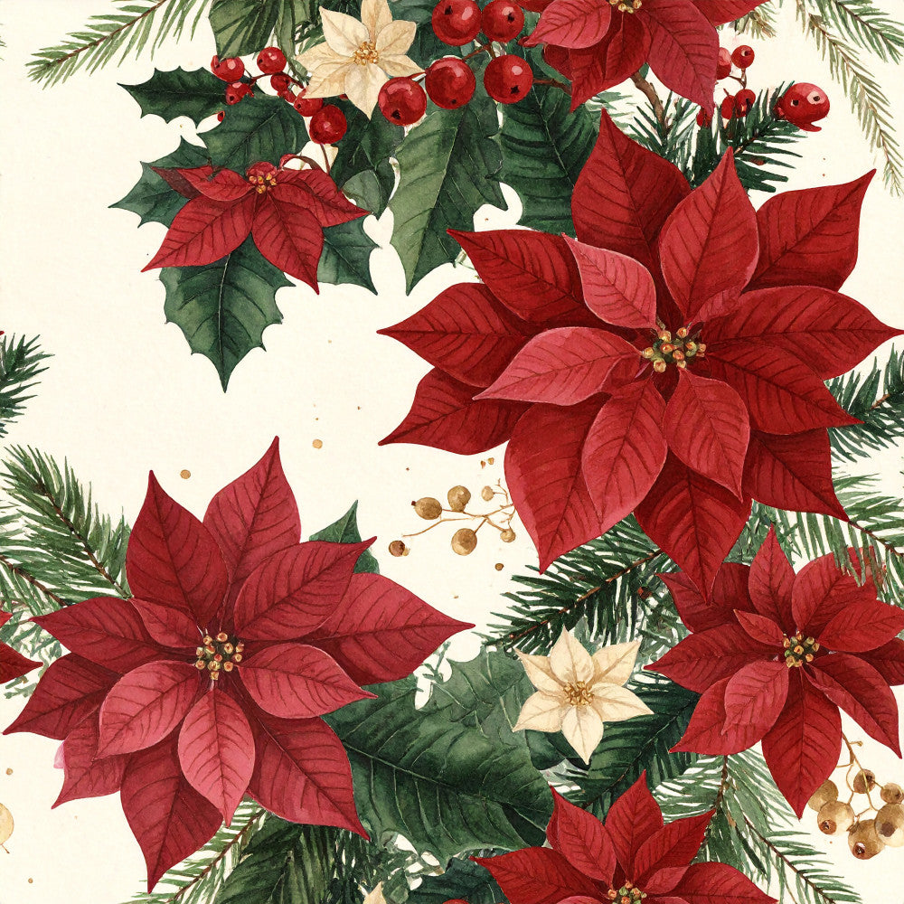deep red, crimson red, forest green, cream, ivory, gold accents, poinsettia, holly, evergreen branches, floral, botanical, holiday, christmas, festive, elegant, traditional, vintage, nature, winter, seasonal, decorative, red flowers, white flowers, berries, pinecones, formal, classic, home decor, seasonal decoration