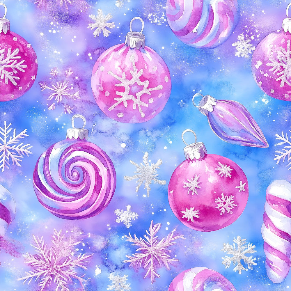 magenta, hot pink, purple, lavender, blue, white, candy pink, swirl pattern, snowflake, ornament, christmas, holiday, winter, festive, whimsical, playful, sparkly, shiny, metallic, candy cane, spiral, decorative balls, baubles, icicle, frosty, glitter, kids, children, playroom, festive decor