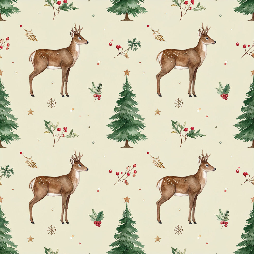 cream, ivory, forest green, sage green, brown, tan, bronze, burgundy, red berry, gold, deer, reindeer, christmas trees, evergreen trees, holly berries, snowflakes, stars, woodland animals, nature, holiday, christmas, winter, rustic, whimsical, traditional, festive, vintage, nursery, kids room, playroom