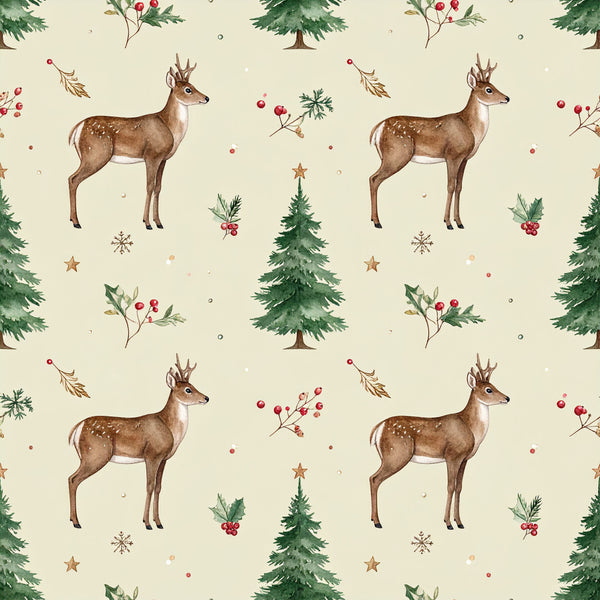 cream, ivory, forest green, sage green, brown, tan, bronze, burgundy, red berry, gold, deer, reindeer, christmas trees, evergreen trees, holly berries, snowflakes, stars, woodland animals, nature, holiday, christmas, winter, rustic, whimsical, traditional, festive, vintage, nursery, kids room, playroom
