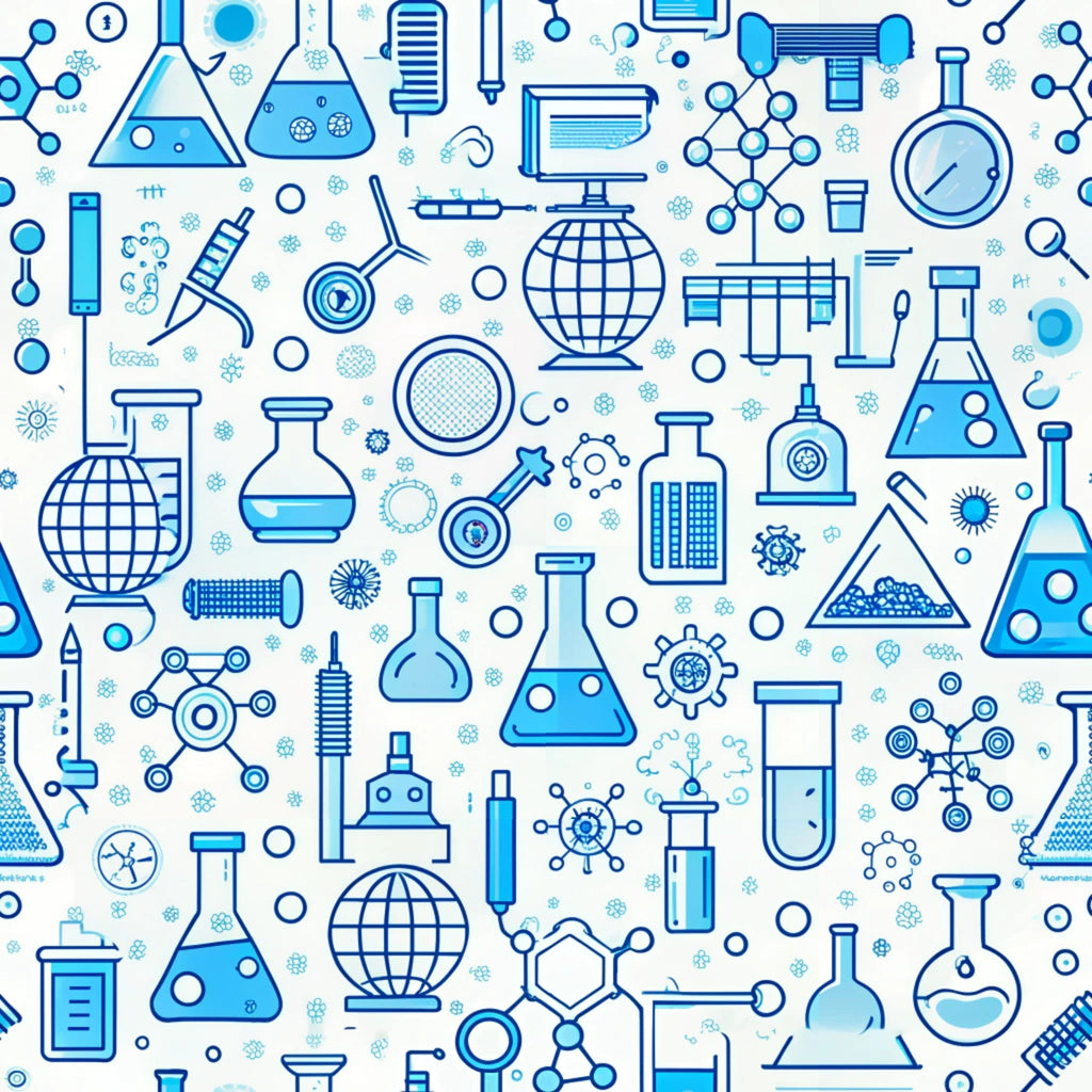 blue, white, science themed, laboratory equipment, beakers, flasks, test tubes, molecular structures, microscope, chemistry patterns, educational motifs, back to school,, fabric panel, seamless repeat, scientific illustrations, geometric circles, technical drawings, academic theme, monochromatic blue