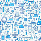 blue, white, science themed, laboratory equipment, beakers, flasks, test tubes, molecular structures, microscope, chemistry patterns, educational motifs, back to school,, fabric panel, seamless repeat, scientific illustrations, geometric circles, technical drawings, academic theme, monochromatic blue
