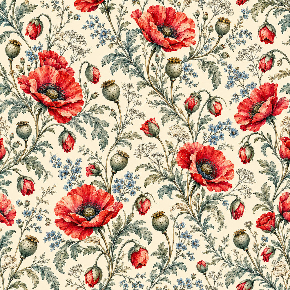red poppies, cream background, vintage floral, botanical, garden flowers, coral red, sage green, blue accents, traditional pattern, romantic style, cottage core, elegant, nature inspired, poppy flowers, seed pods, delicate florals, spring garden, summer flowers, classic design, timeless pattern, feminine, whimsical, botanical illustration, wildflowers, natural elements, heritage style, countryside, pastoral