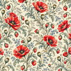 red poppies, cream background, vintage floral, botanical, garden flowers, coral red, sage green, blue accents, traditional pattern, romantic style, cottage core, elegant, nature inspired, poppy flowers, seed pods, delicate florals, spring garden, summer flowers, classic design, timeless pattern, feminine, whimsical, botanical illustration, wildflowers, natural elements, heritage style, countryside, pastoral