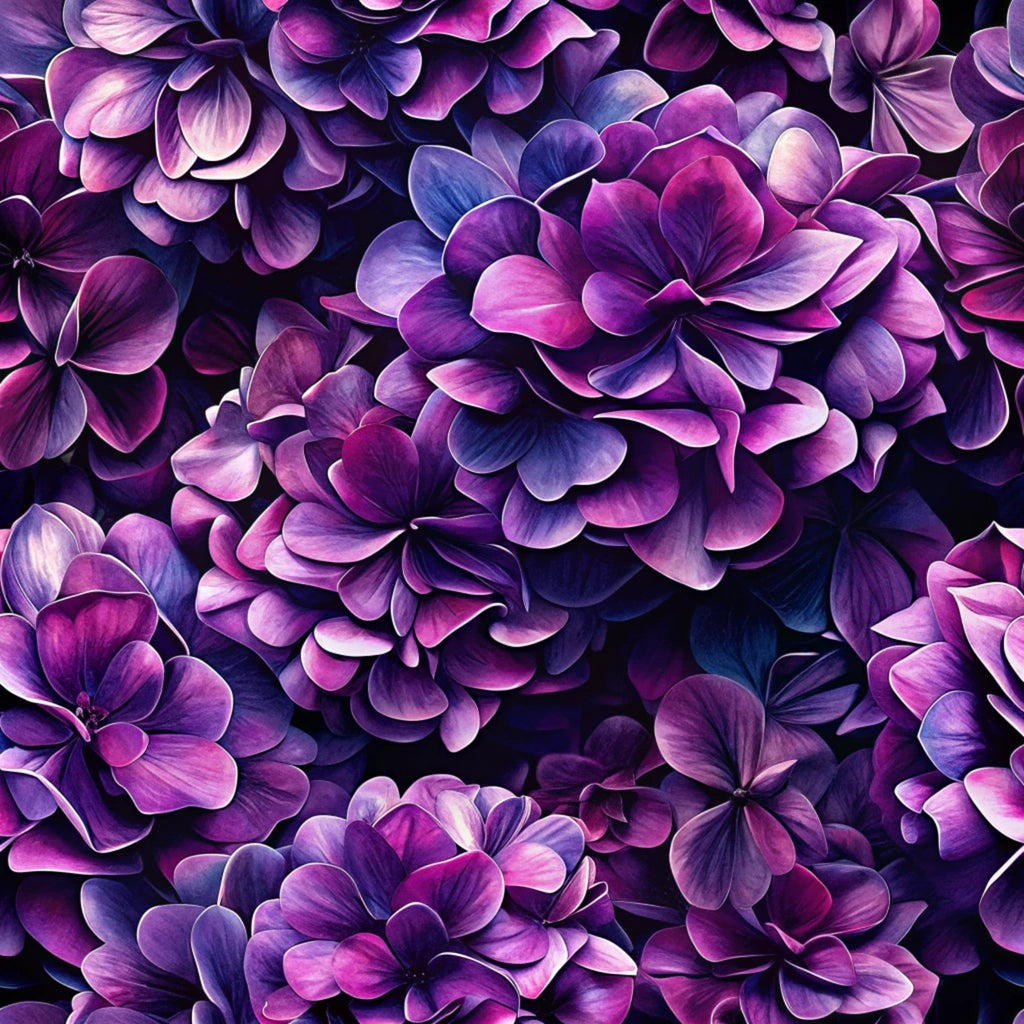 purple flowers, magenta petals, deep violet, lavender shades, realistic floral, layered petals, botanical pattern,, fabric panel, dimensional blooms, rich purples, flower clusters, natural texture, vibrant magenta, soft gradients, floral arrangement, cotton fabric, detailed petals, purple tones, blooming flowers