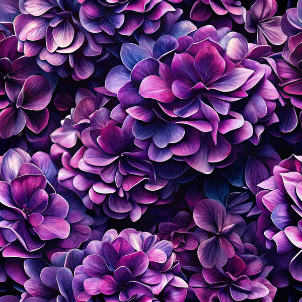 purple flowers, magenta petals, deep violet, lavender shades, realistic floral, layered petals, botanical pattern,, fabric panel, dimensional blooms, rich purples, flower clusters, natural texture, vibrant magenta, soft gradients, floral arrangement, cotton fabric, detailed petals, purple tones, blooming flowers