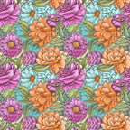 floral, turquoise blue, magenta pink, coral orange, sage green, light blue, purple, daisy, peony, gerbera, botanical, garden flowers, nature, whimsical, cheerful, vibrant, colorful, spring, summer, children's, kids room, playroom, nursery, feminine, bright, multi-colored flowers, layered petals, hand-drawn style, detailed florals, cottage core
