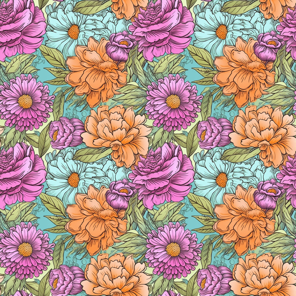 floral, turquoise blue, magenta pink, coral orange, sage green, light blue, purple, daisy, peony, gerbera, botanical, garden flowers, nature, whimsical, cheerful, vibrant, colorful, spring, summer, children's, kids room, playroom, nursery, feminine, bright, multi-colored flowers, layered petals, hand-drawn style, detailed florals, cottage core