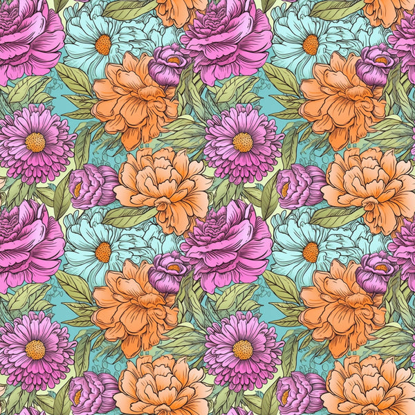 floral, turquoise blue, magenta pink, coral orange, sage green, light blue, purple, daisy, peony, gerbera, botanical, garden flowers, nature, whimsical, cheerful, vibrant, colorful, spring, summer, children's, kids room, playroom, nursery, feminine, bright, multi-colored flowers, layered petals, hand-drawn style, detailed florals, cottage core