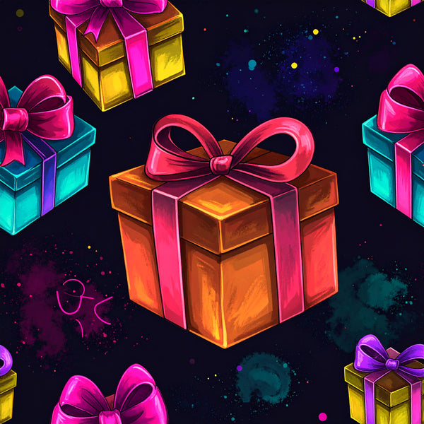 neon pink, hot pink, magenta, bright orange, golden yellow, cyan blue, turquoise, deep purple, vibrant colors, gifts, presents, bows, ribbons, gift boxes, party, celebration, festive, whimsical, playful, modern, colorful, abstract, geometric, neon aesthetic, gamer, fun, kids room, playroom, birthday theme, holiday