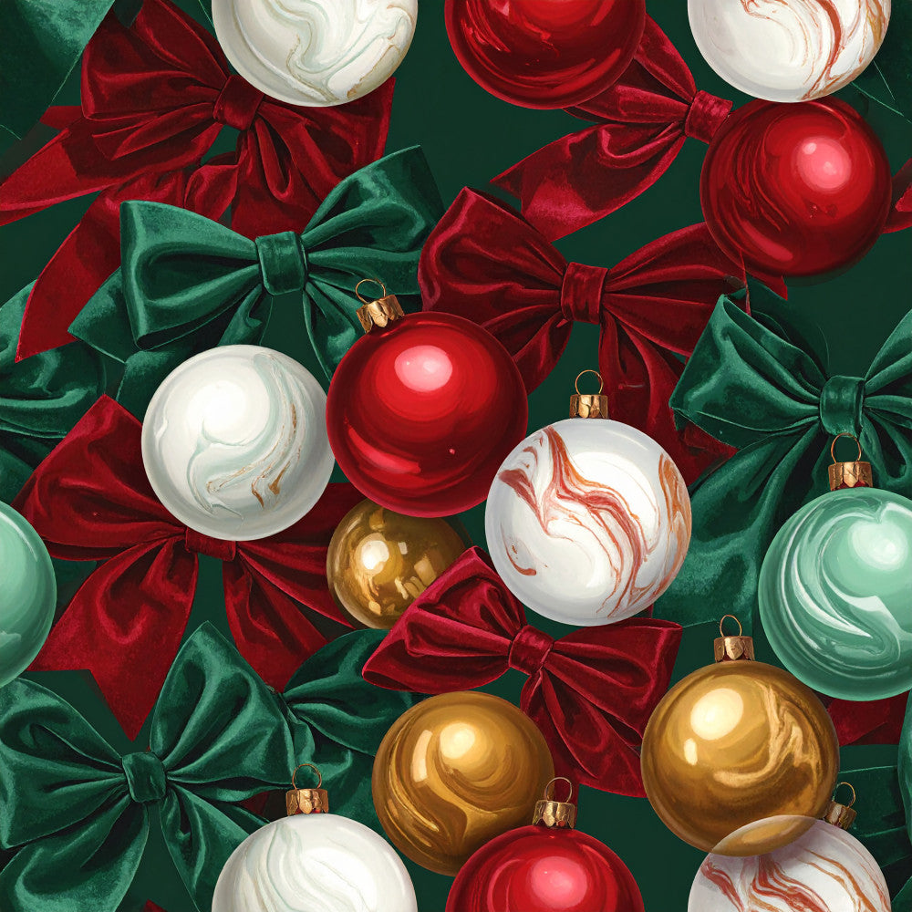forest green, ruby red, cream white, gold, christmas, holiday, ornaments, baubles, velvet bows, festive, elegant, traditional, luxurious, marble effect, swirled, abstract, metallic accents, seasonal, winter, decorative, shiny, glossy, sophisticated, classic, red and green, home decor, festive celebration