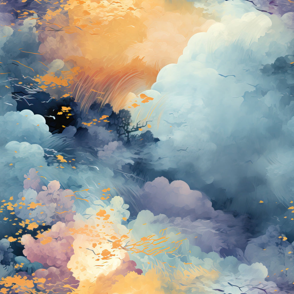 orange, peach, blue, purple, lavender, white, clouds, sky, sunset, sunrise, dreamy, ethereal, painterly, watercolor style, atmospheric, heavenly, serene,, fabric panel, nature scene, soft brushstrokes, celestial