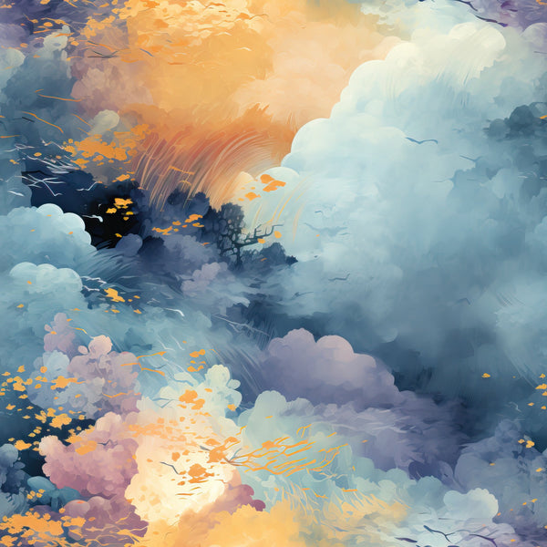 orange, peach, blue, purple, lavender, white, clouds, sky, sunset, sunrise, dreamy, ethereal, painterly, watercolor style, atmospheric, heavenly, serene,, fabric panel, nature scene, soft brushstrokes, celestial