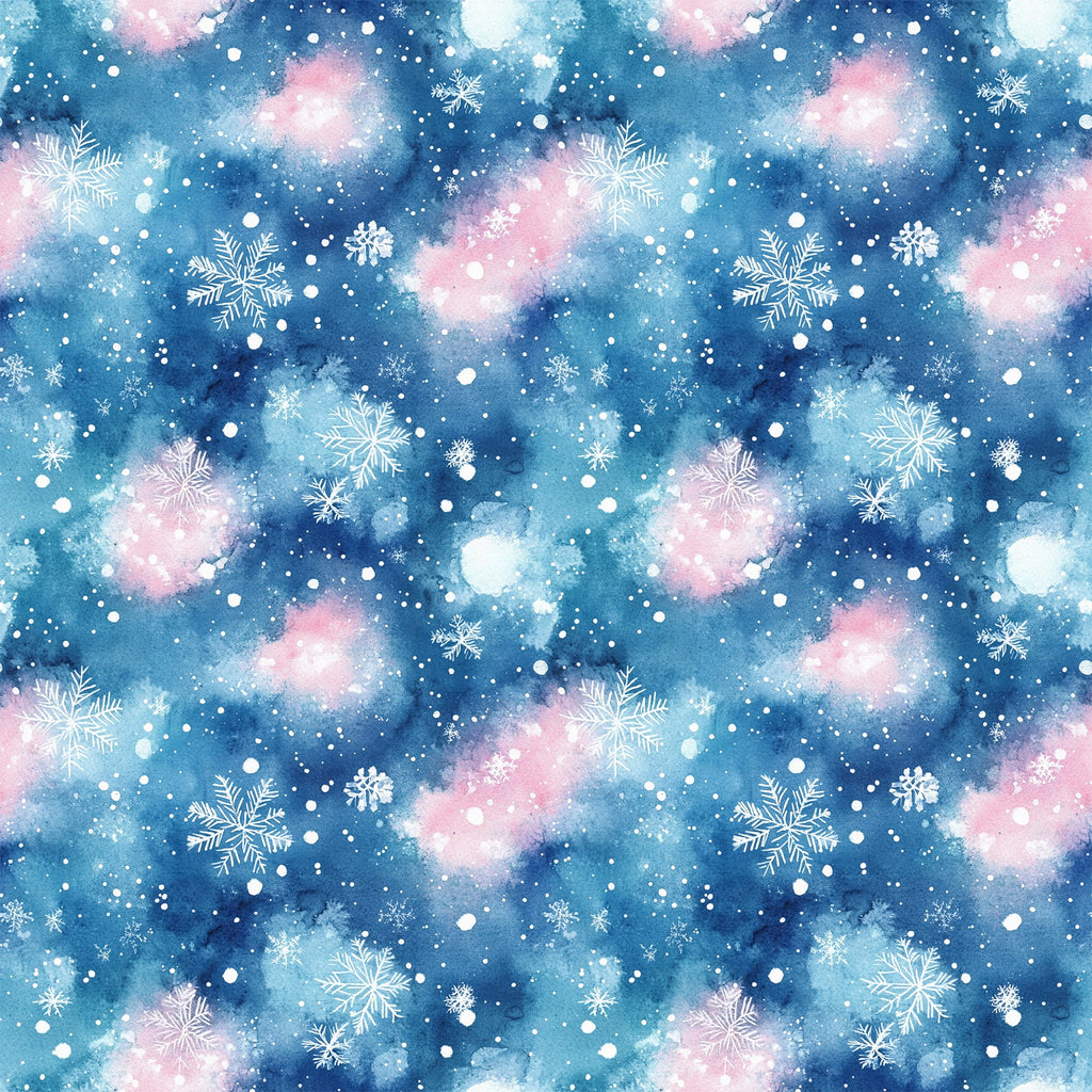 watercolor, blue, pink, white, snowflakes, winter pattern, christmas fabric,, fabric panel, snowy background, celestial colors, holiday design, repeating pattern, winter wonderland, seasonal fabric, crafting material, soft pastels, frozen motifs, textile design, winter theme