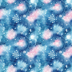 watercolor, blue, pink, white, snowflakes, winter pattern, christmas fabric,, fabric panel, snowy background, celestial colors, holiday design, repeating pattern, winter wonderland, seasonal fabric, crafting material, soft pastels, frozen motifs, textile design, winter theme