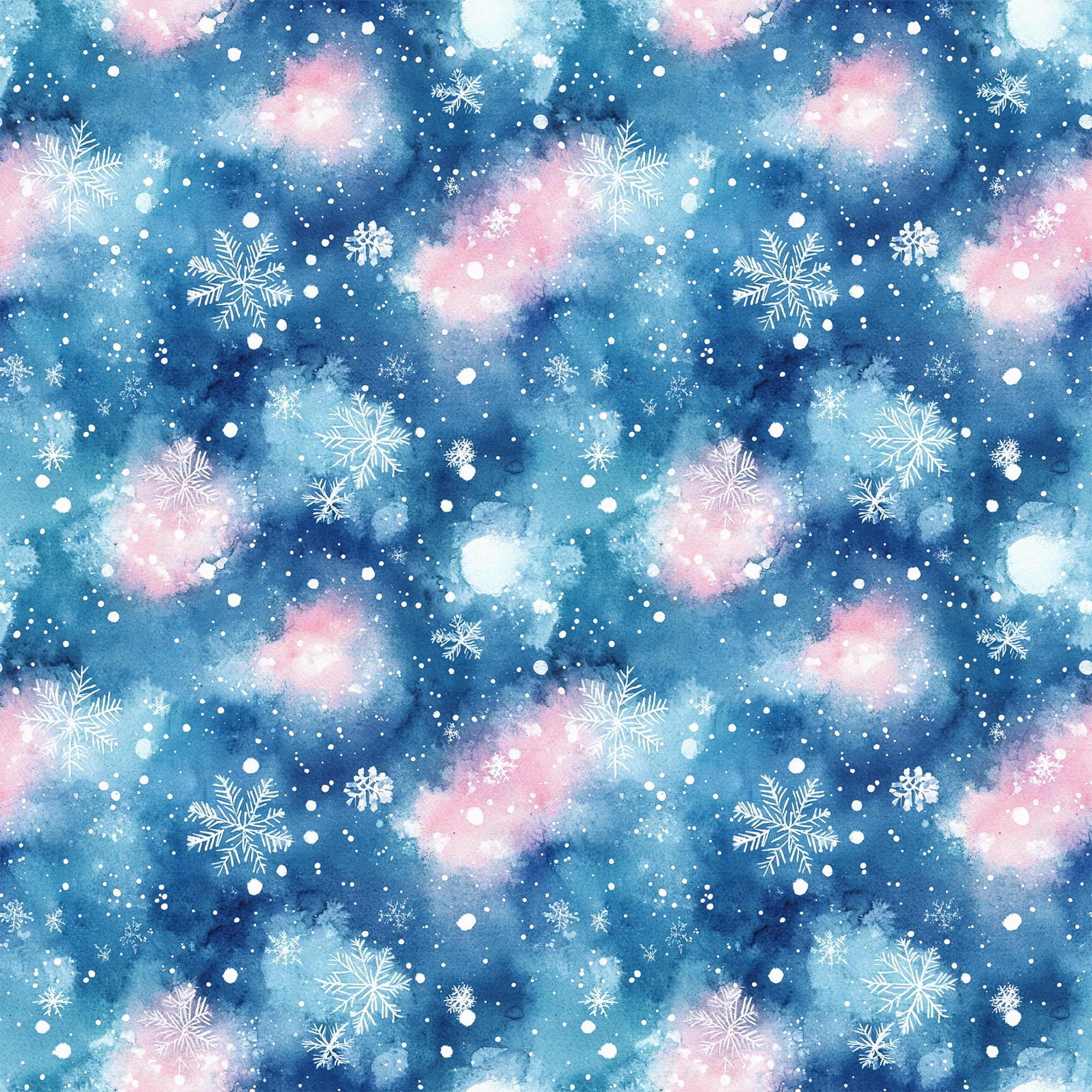 watercolor, blue, pink, white, snowflakes, winter pattern, christmas fabric,, fabric panel, snowy background, celestial colors, holiday design, repeating pattern, winter wonderland, seasonal fabric, crafting material, soft pastels, frozen motifs, textile design, winter theme