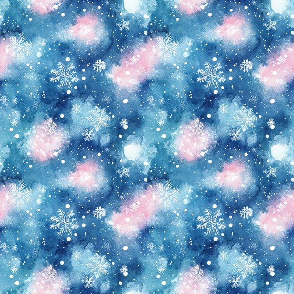watercolor, blue, pink, white, snowflakes, winter pattern, christmas fabric,, fabric panel, snowy background, celestial colors, holiday design, repeating pattern, winter wonderland, seasonal fabric, crafting material, soft pastels, frozen motifs, textile design, winter theme