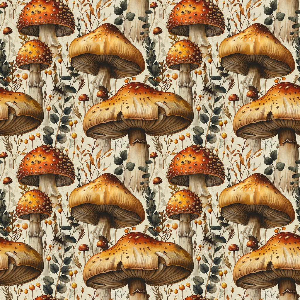 orange, red, cream, beige, mushrooms, toadstools, botanical, leaves, berries, retro, vintage, nature, forest, woodland, repeating pattern,, fabric panel, autumn colors, whimsical, detailed illustration