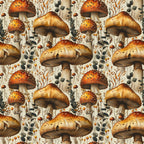 orange, red, cream, beige, mushrooms, toadstools, botanical, leaves, berries, retro, vintage, nature, forest, woodland, repeating pattern,, fabric panel, autumn colors, whimsical, detailed illustration