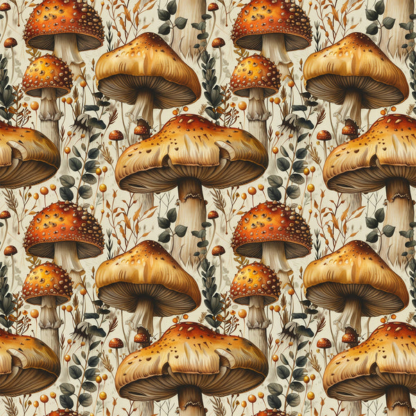 orange, red, cream, beige, mushrooms, toadstools, botanical, leaves, berries, retro, vintage, nature, forest, woodland, repeating pattern,, fabric panel, autumn colors, whimsical, detailed illustration