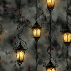 charcoal gray, warm gold, burnt orange, deep red, vintage lanterns, ornate chains, gothic, moody, dark academia, steampunk, Victorian, antique, elegant, decorative lanterns, hanging lights, architectural, dramatic, mysterious, celestial, fantasy, whimsical, bohemian, romantic, dark romantic, ornamental, intricate details, medieval, damask inspired, twilight, enchanted