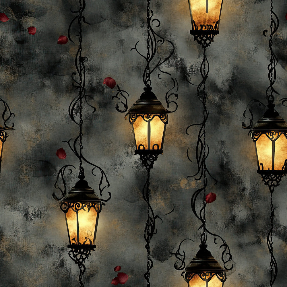 charcoal gray, warm gold, burnt orange, deep red, vintage lanterns, ornate chains, gothic, moody, dark academia, steampunk, Victorian, antique, elegant, decorative lanterns, hanging lights, architectural, dramatic, mysterious, celestial, fantasy, whimsical, bohemian, romantic, dark romantic, ornamental, intricate details, medieval, damask inspired, twilight, enchanted