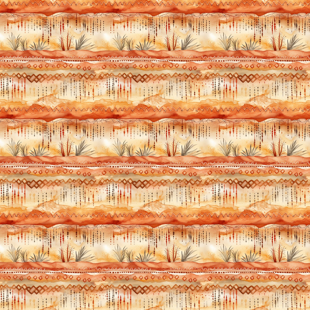 desert sunrise, orange tones, terracotta, rust colors, cream, beige, southwestern pattern, tribal designs, geometric borders, zigzag motifs, diamond patterns, desert plants, cacti, agave, desert landscape, striped layout, earthy palette,, fabric panel, warm colors, native american inspired