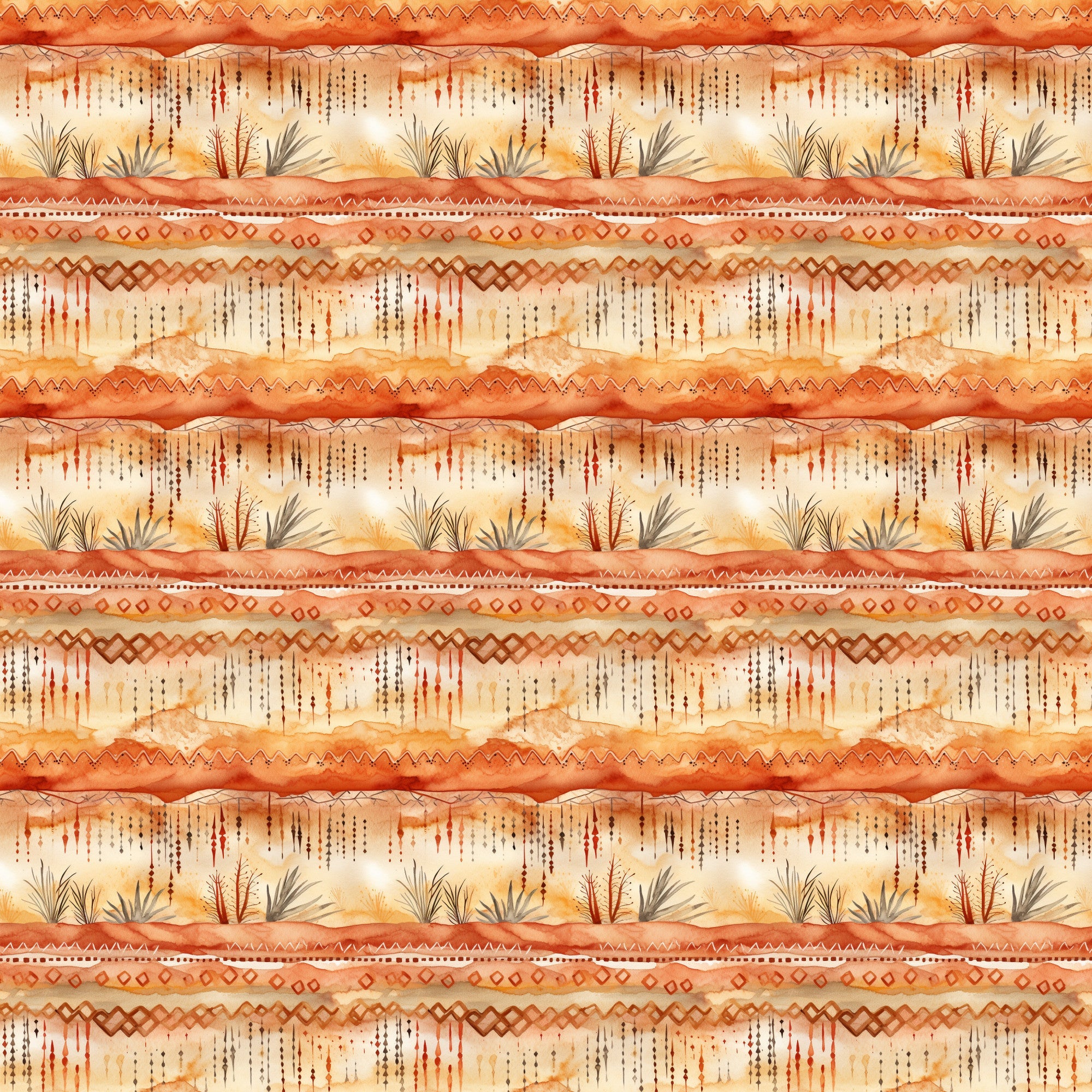 desert sunrise, orange tones, terracotta, rust colors, cream, beige, southwestern pattern, tribal designs, geometric borders, zigzag motifs, diamond patterns, desert plants, cacti, agave, desert landscape, striped layout, earthy palette,, fabric panel, warm colors, native american inspired