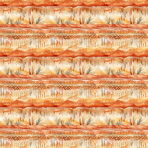 desert sunrise, orange tones, terracotta, rust colors, cream, beige, southwestern pattern, tribal designs, geometric borders, zigzag motifs, diamond patterns, desert plants, cacti, agave, desert landscape, striped layout, earthy palette,, fabric panel, warm colors, native american inspired