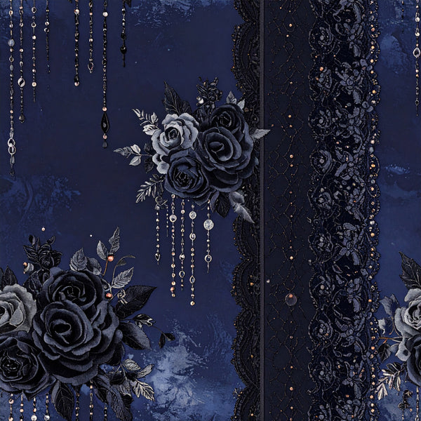 navy blue, midnight blue, deep blue, black, silver, gold accents, dark floral, roses, gothic roses, black roses, elegant floral, lace, ornate lace, damask, vintage, gothic, luxe, sophisticated, romantic, dramatic, celestial, hanging chains, pearl beads, jeweled details, metallic accents, moody, dark academia, victorian, goth aesthetic