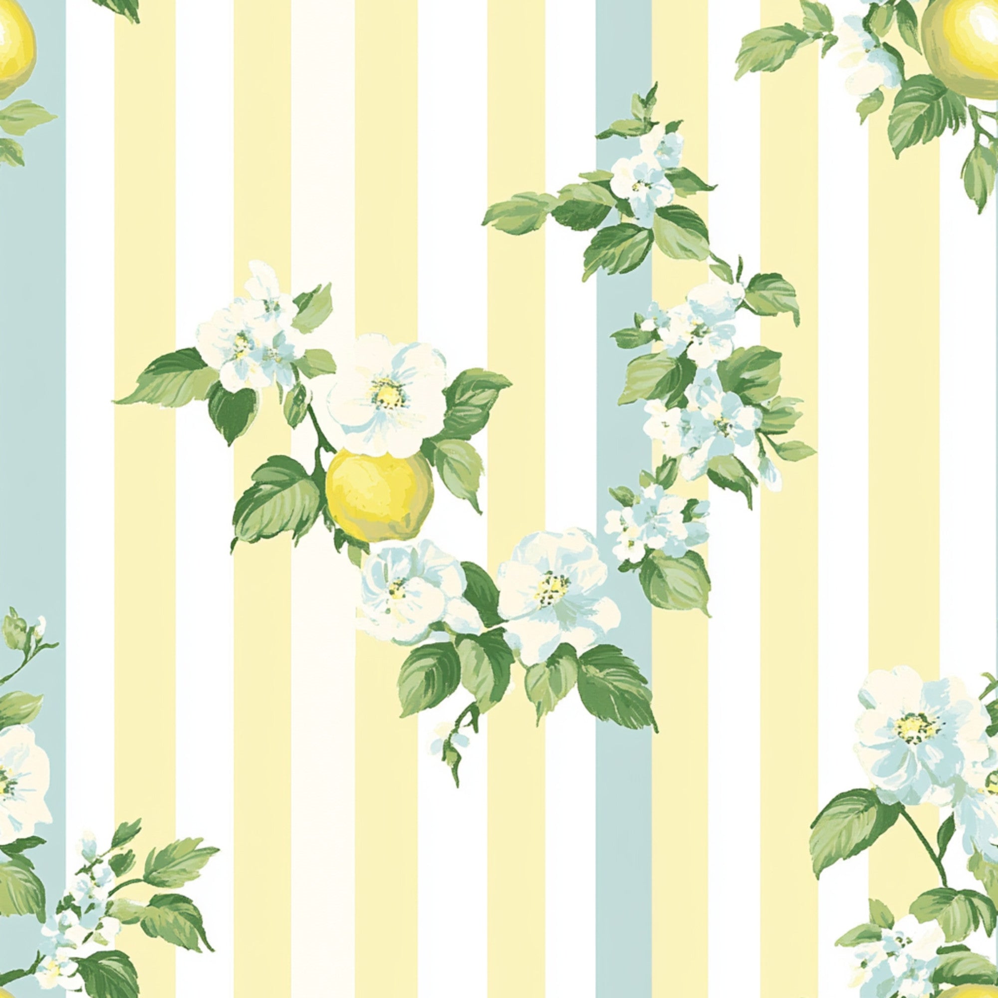 lemon yellow, sage green, white, pale blue, floral pattern, striped background, botanical design, fruit motif, apple blossoms, shabby chic, vintage style, quilting cotton, fabric panel, spring flowers, garden theme, soft pastels, romantic florals, cottage core, delicate blooms