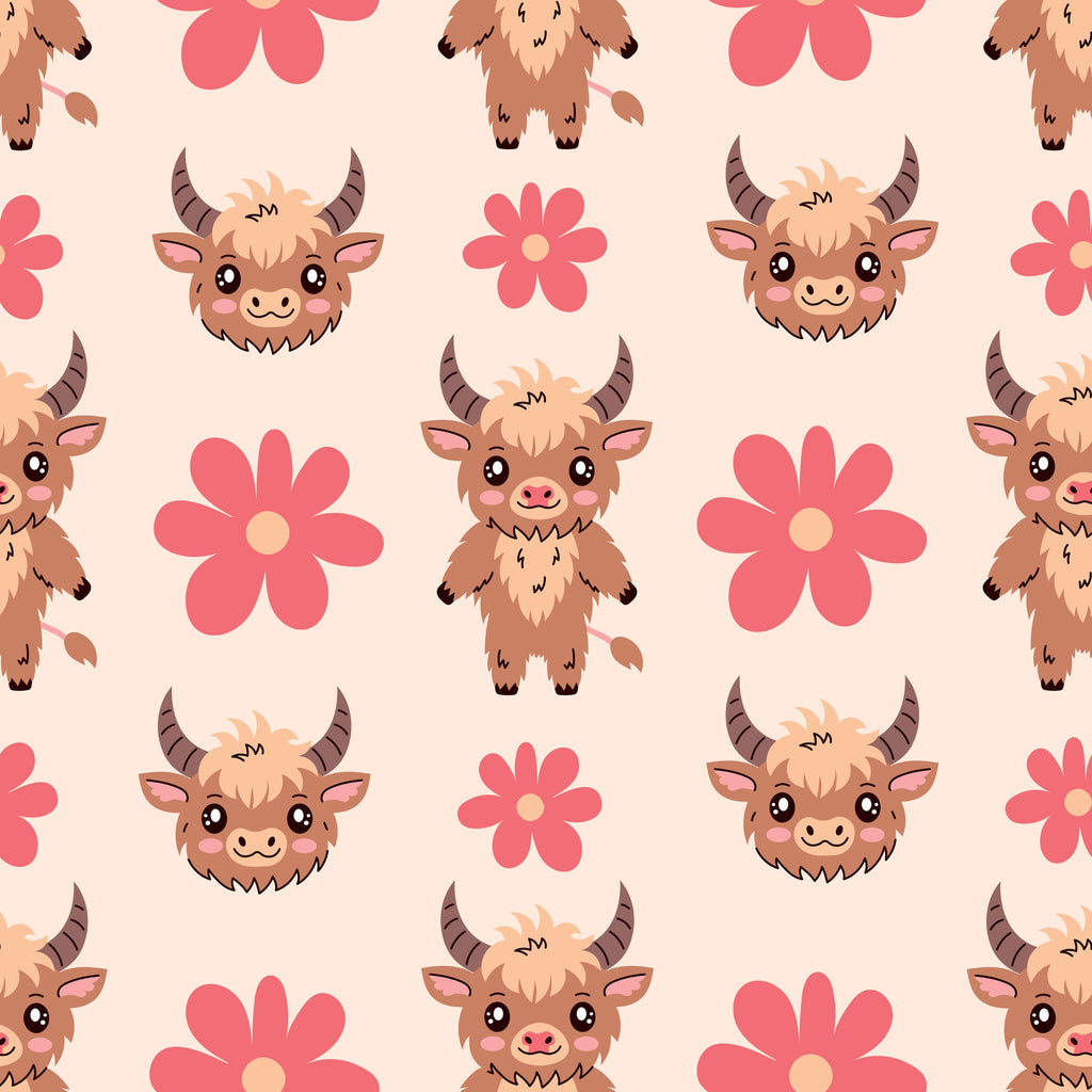 cute highland cows, baby animals, pink flowers, coral pink, peach background, brown fur, cartoon style, kawaii aesthetic, repeating pattern,, fabric panel, cheerful mood, adorable faces, horned cattle, floral elements, pastel colors, children's fabric, crafting material, sweet expression, nursery theme
