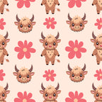 cute highland cows, baby animals, pink flowers, coral pink, peach background, brown fur, cartoon style, kawaii aesthetic, repeating pattern,, fabric panel, cheerful mood, adorable faces, horned cattle, floral elements, pastel colors, children's fabric, crafting material, sweet expression, nursery theme