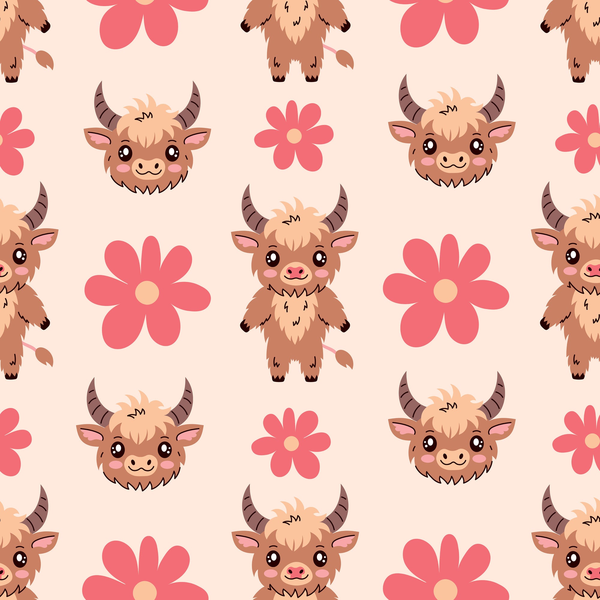 cute highland cows, baby animals, pink flowers, coral pink, peach background, brown fur, cartoon style, kawaii aesthetic, repeating pattern,, fabric panel, cheerful mood, adorable faces, horned cattle, floral elements, pastel colors, children's fabric, crafting material, sweet expression, nursery theme