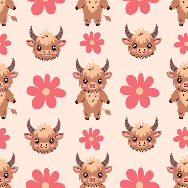 cute highland cows, baby animals, pink flowers, coral pink, peach background, brown fur, cartoon style, kawaii aesthetic, repeating pattern,, fabric panel, cheerful mood, adorable faces, horned cattle, floral elements, pastel colors, children's fabric, crafting material, sweet expression, nursery theme