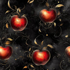 deep red, crimson, burgundy, gold, black, rich red, metallic gold, luxurious, elegant, ornate, botanical, floral vines, decorative leaves, apples, fruit, whimsical, vintage, fairy tale, storybook, enchanted, golden foliage, ornamental scrolls, dark academia, classic, traditional, autumn, harvest, fantasy, magical, jewel tones
