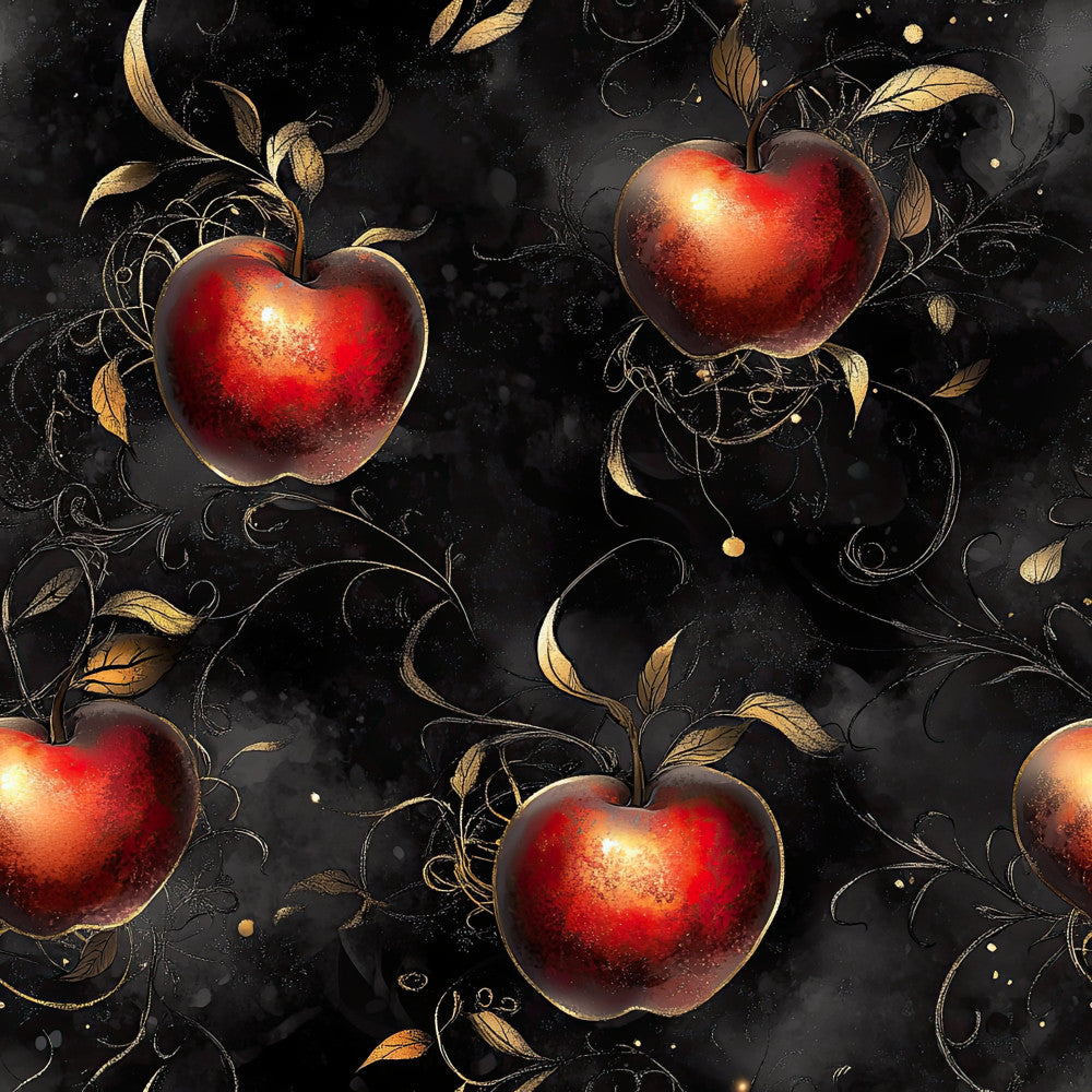 deep red, crimson, burgundy, gold, black, rich red, metallic gold, luxurious, elegant, ornate, botanical, floral vines, decorative leaves, apples, fruit, whimsical, vintage, fairy tale, storybook, enchanted, golden foliage, ornamental scrolls, dark academia, classic, traditional, autumn, harvest, fantasy, magical, jewel tones