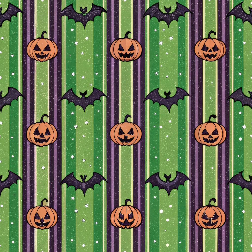 halloween fabric,, fabric panel, jack-o-lantern, pumpkins, bats, orange pumpkins, green stripes, purple stripes, black bats, white stars, striped pattern, halloween motifs, spooky theme, autumn colors, carved pumpkins, flying bats, festive pattern, seasonal fabric, craft fabric