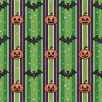 halloween fabric,, fabric panel, jack-o-lantern, pumpkins, bats, orange pumpkins, green stripes, purple stripes, black bats, white stars, striped pattern, halloween motifs, spooky theme, autumn colors, carved pumpkins, flying bats, festive pattern, seasonal fabric, craft fabric