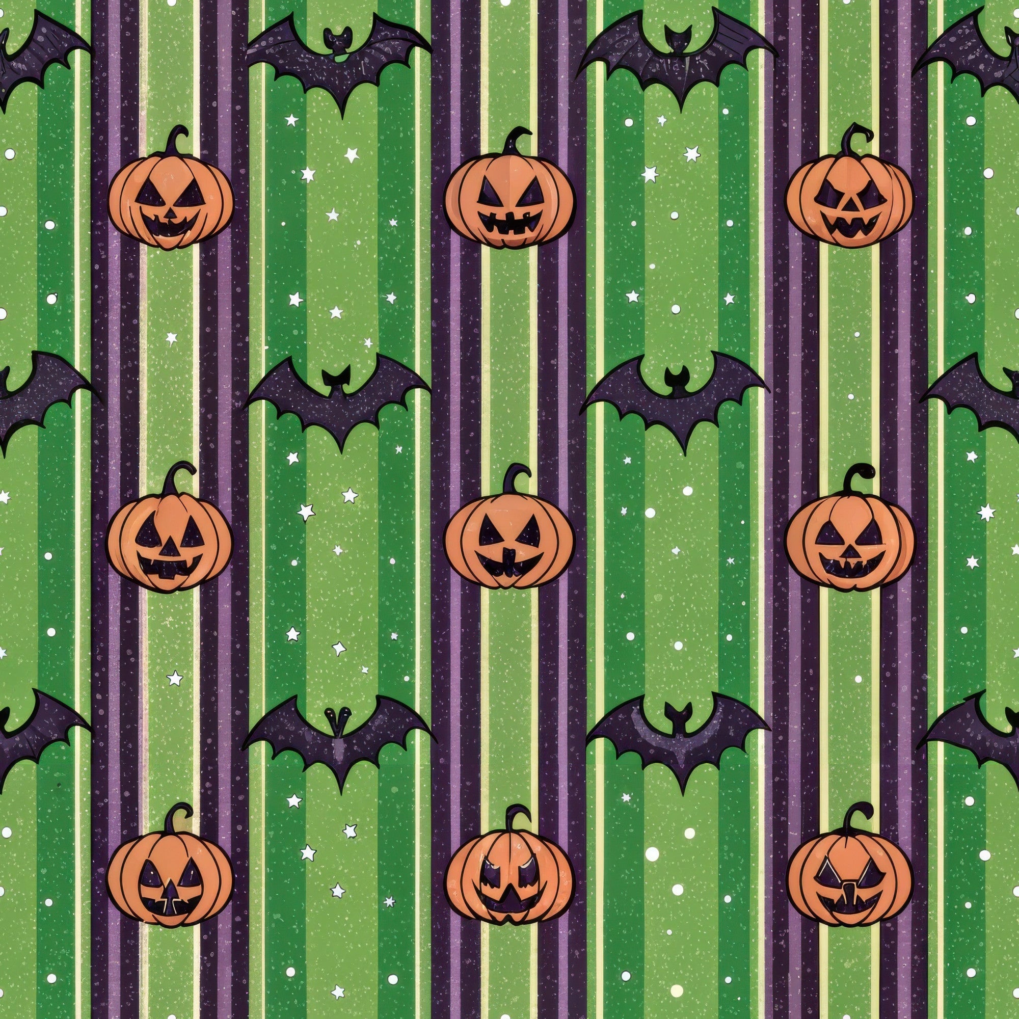 halloween fabric,, fabric panel, jack-o-lantern, pumpkins, bats, orange pumpkins, green stripes, purple stripes, black bats, white stars, striped pattern, halloween motifs, spooky theme, autumn colors, carved pumpkins, flying bats, festive pattern, seasonal fabric, craft fabric