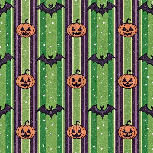 halloween fabric,, fabric panel, jack-o-lantern, pumpkins, bats, orange pumpkins, green stripes, purple stripes, black bats, white stars, striped pattern, halloween motifs, spooky theme, autumn colors, carved pumpkins, flying bats, festive pattern, seasonal fabric, craft fabric