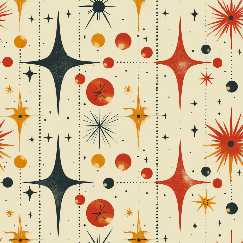 retro starburst, mid-century modern, atomic age, geometric pattern, orange, red, black, cream, beige, celestial motifs, starbursts, circles, dots, space age, vintage style,, fabric panel, 1950s inspired, abstract design, radiating lines