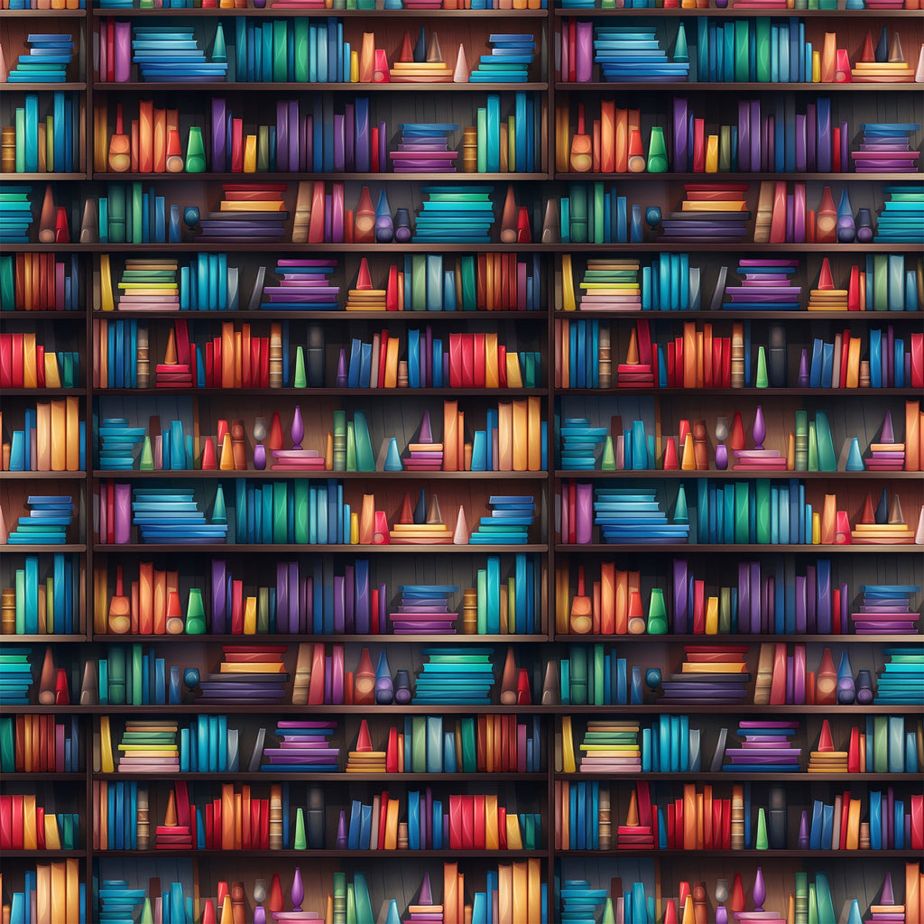 bookshelf pattern, library theme, colorful books, rainbow spines, reading motif,, fabric panel, vibrant colors, blue books, red books, green books, purple books, yellow books, orange books, wooden shelves, literary design, book lover, educational theme, bright palette, repeating pattern