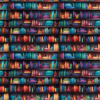 bookshelf pattern, library theme, colorful books, rainbow spines, reading motif,, fabric panel, vibrant colors, blue books, red books, green books, purple books, yellow books, orange books, wooden shelves, literary design, book lover, educational theme, bright palette, repeating pattern